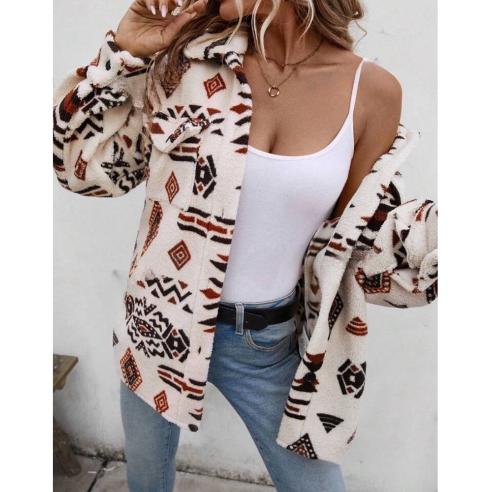 Boho Aztec Print Teddy Button Up Jackst - Picture 5 of 5